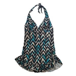 Eco Swim Size 8 Black White Aqua Chevron Halter One Piece Swimsuit Dress